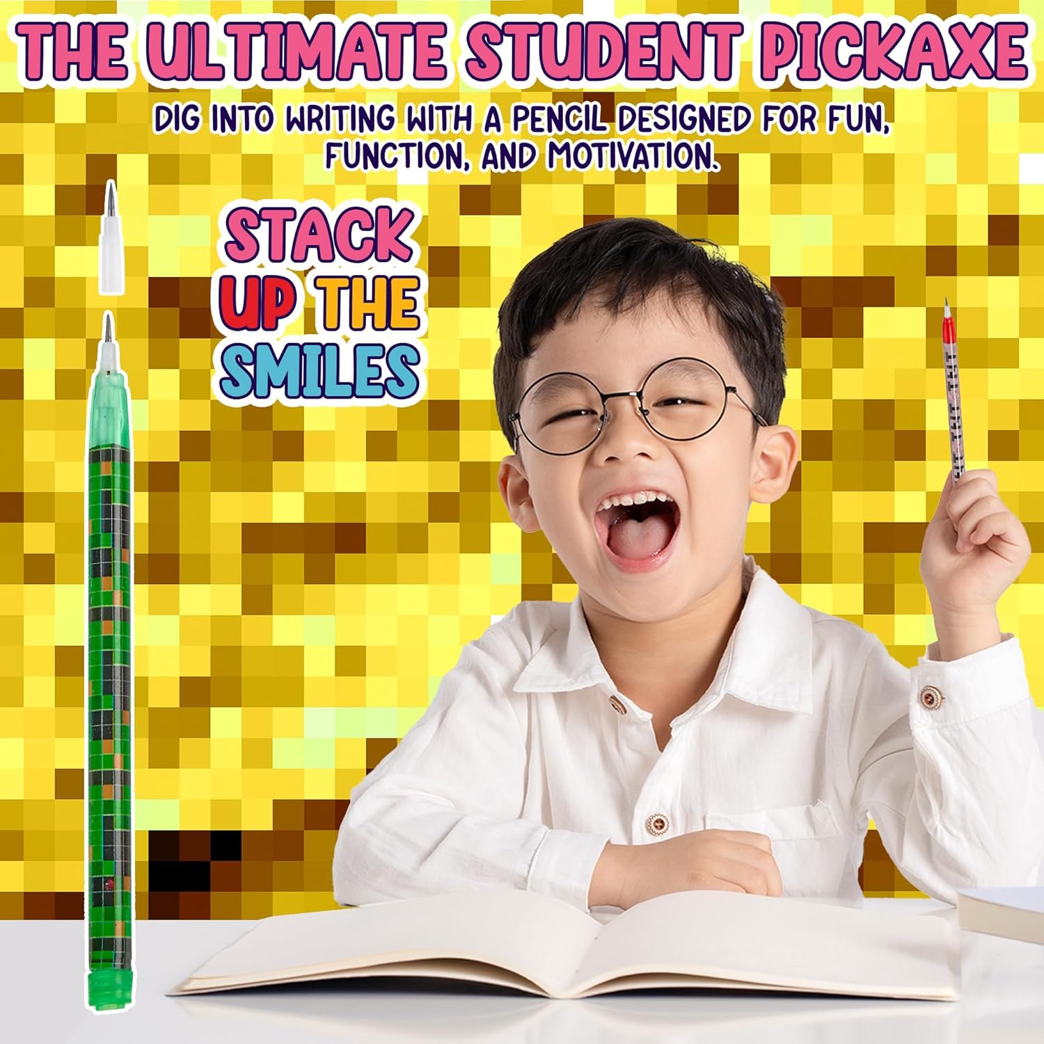 Playbees Pixel Miner Pop Pencils - 24 Pack - Translucent Multipoint Pencil Video Game Birthday Party Stackable Pre-Sharpened Classroom for Students, Teachers, Girls, Boys