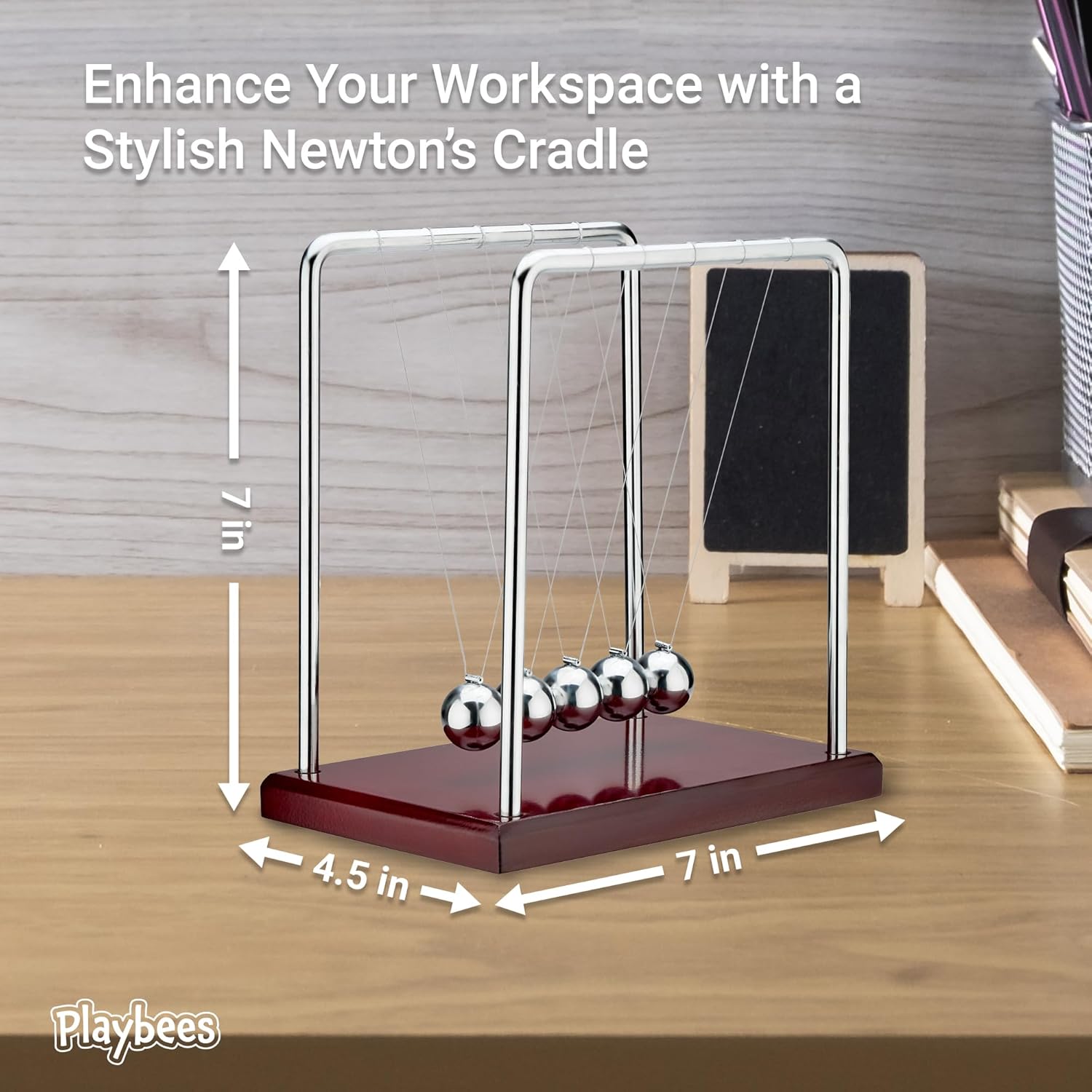 5 Beads Newton’s Cradle Balance Balls Desk Toy – Brown Wooden Base Office Decoration, Fun Science Physics Toy for Home, Bedroom, or Living Room