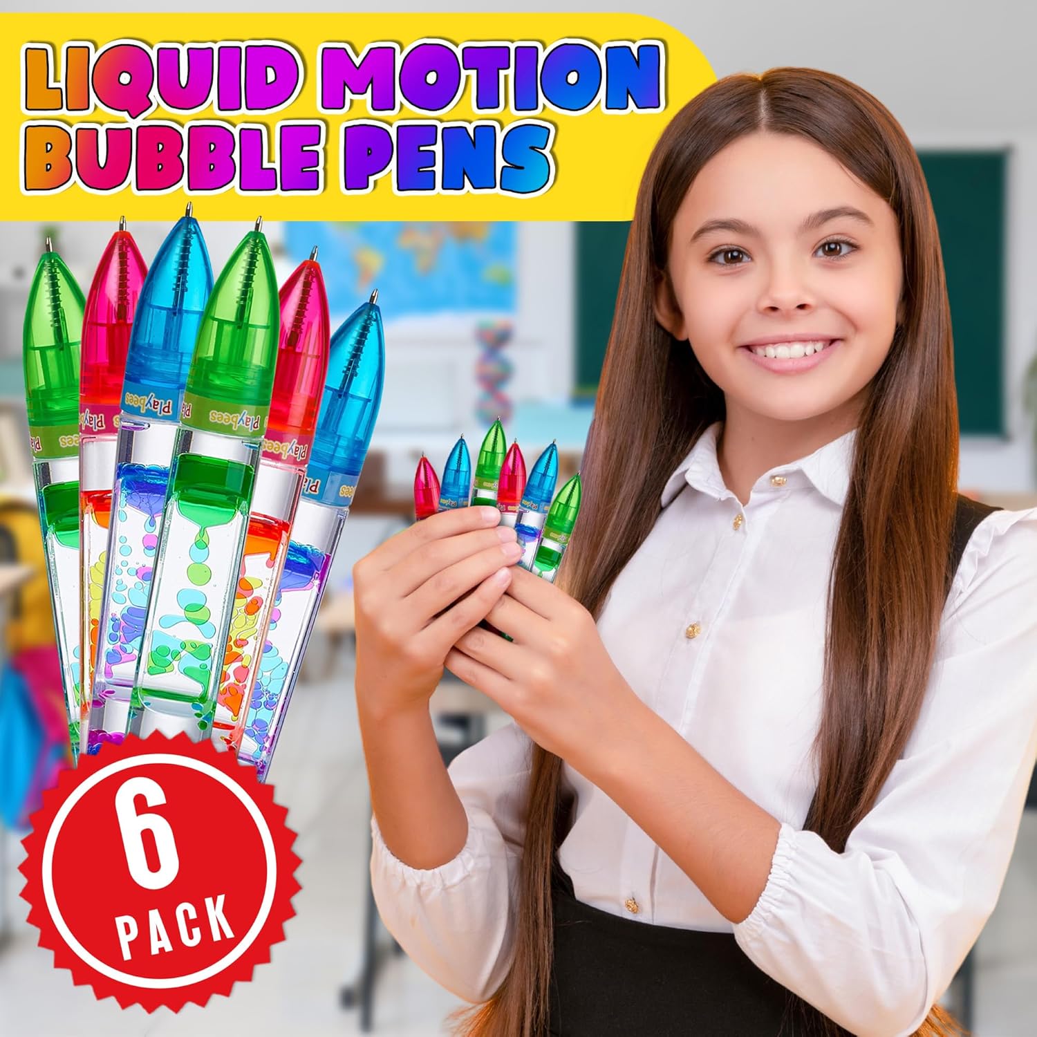 Playbees Liquid Motion Bubbler Pens Cool for Kids (6 Pack) - Writes Like a Regular Pen - Colorful Liquid Timer Pens Great for Stress and Anxiety Relief - Cool Fidget Toys for Kids and Adults