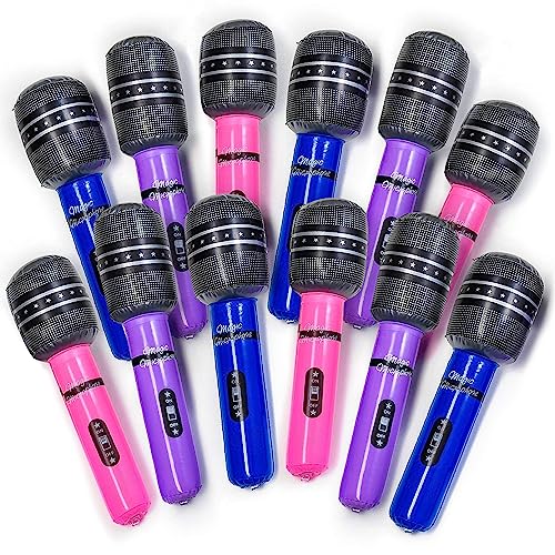 Inflatable Microphones - 12-Pack - 10.5" Vibrant Wireless Mics for Pool Play, Stage Acts, Pretend Play