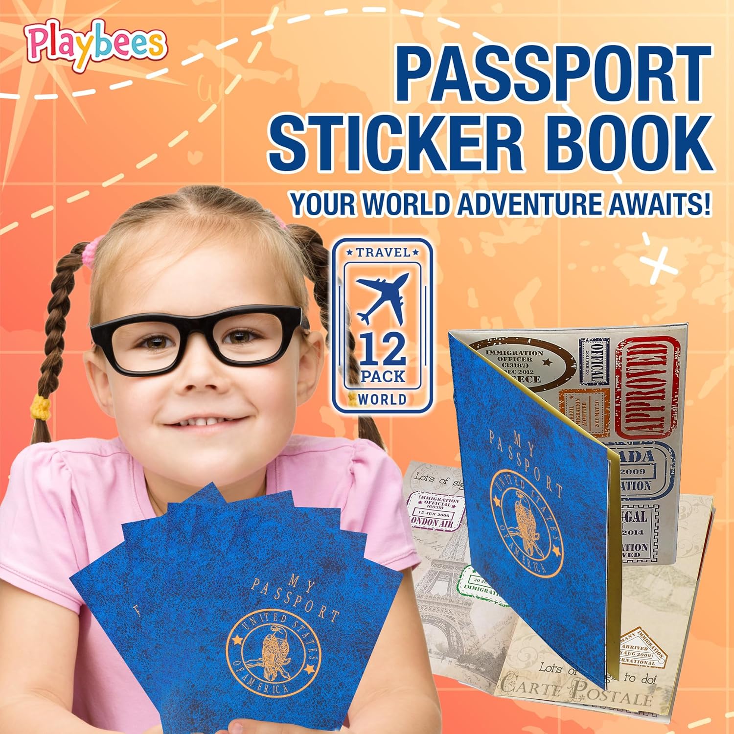 Playbees Passport Sticker Book for Boys and Girls - 12 Pack - Pad of Famous Places Motivational Treats, Party Favors, Game Prizes, Wall Decals, Scrapbooks, School Supplies, Arts and Crafts