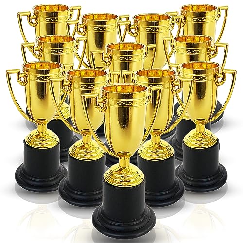 Plastic Golden Cup Trophy for Kids - 12 Pack - 4 Inch Achievement Prize Awards - Party Favors, Decor, Props - Motivational
