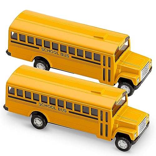 Pullback Diecast School Buses - 2 Pack - 5 Inch Yellow Metal Toys with Write-On Surfaces