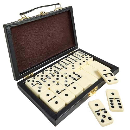 Premium Double Six Dominoes Set - 28 Classic Tiles in Faux Leather Case